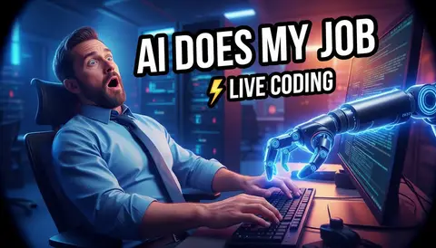 YouTube thumbnail, 16:9: shocked office worker watching robot arm typing on his keyboard, blue glow, huge bold text "AI 