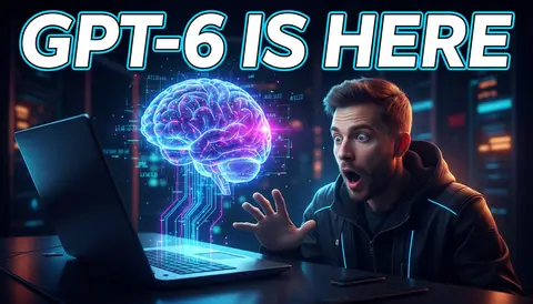 YouTube thumbnail, 16:9: futuristic hologram brain above laptop, neon circuits, amazed man, huge bold text "GPT-6 IS HER