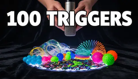 YouTube thumbnail, 16:9: closeup of hands with mic and colorful trigger objects on dark velvet, soft glow, huge bold tex