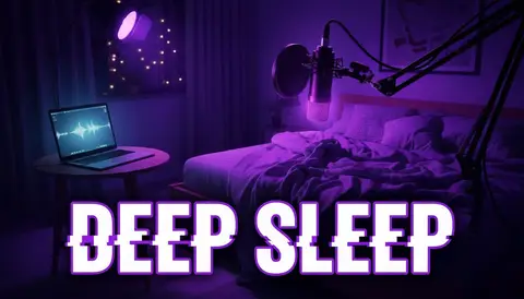 YouTube thumbnail, 16:9: cozy dim bedroom setup with glowing mic, purple night ambience, huge bold text "DEEP SLEEP", hi