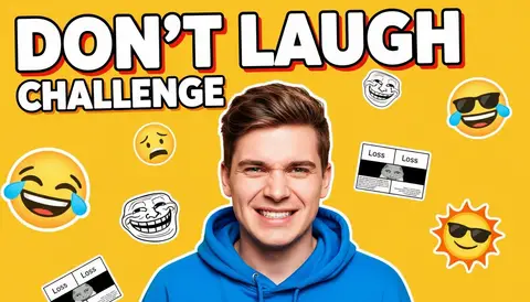 YouTube thumbnail, 16:9: guy biting lip holding back laughter, meme stickers floating, yellow background, huge bold text