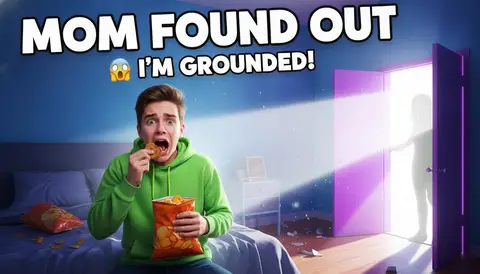 YouTube thumbnail, 16:9: teen frozen mid-snack as door opens with light beam, panic face, huge bold text "MOM FOUND OUT"