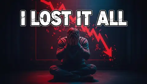 YouTube thumbnail, 16:9: devastated man at red crashing chart, dark room, head in hands, huge bold text "I LOST IT ALL",