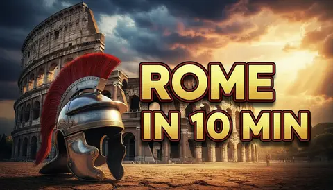 YouTube thumbnail, 16:9: colosseum with dramatic sky, roman helmet in foreground, epic gold light, huge bold text "ROME 