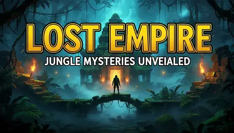YouTube thumbnail, 16:9: jungle temple ruins with torch light, explorer silhouette, mist, huge bold text "LOST EMPIRE", 