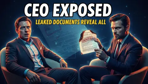 YouTube thumbnail, 16:9: intense interview closeup, two chairs, dramatic side lighting, leaked document graphic, huge bo
