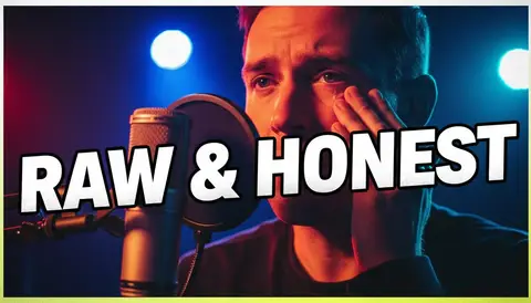 YouTube thumbnail, 16:9: emotional guest wiping tear, soft studio light, mic in frame, huge bold text "RAW & HONEST", hi