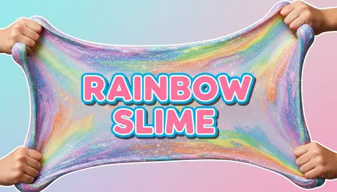 YouTube thumbnail, 16:9: kids hands stretching giant glittery rainbow slime, bright pastel background, huge bold text "R