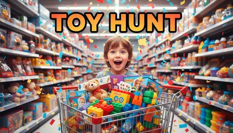 YouTube thumbnail, 16:9: excited kid in toy aisle with overflowing cart, confetti, huge bold text "TOY HUNT", high contr