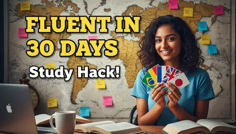 YouTube thumbnail, 16:9: smiling student with flag flashcards fanned out, world map wall, sticky notes, huge bold text "