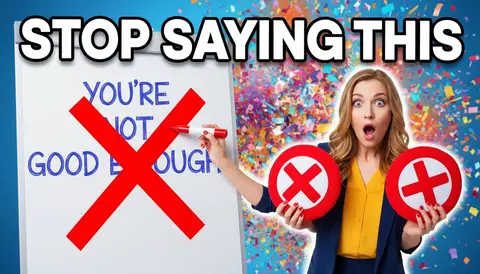 YouTube thumbnail, 16:9: teacher crossing out phrase on whiteboard, red X, shocked emoji props, huge bold text "STOP SAY