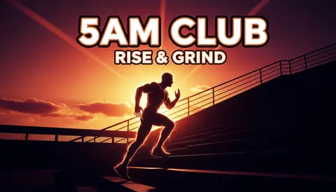 YouTube thumbnail, 16:9: silhouette running up stadium stairs at sunrise, orange sky, sweat glow, huge bold text "5AM CL