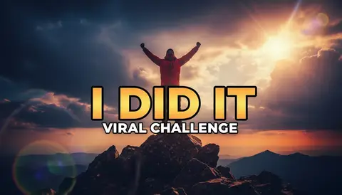 YouTube thumbnail, 16:9: man on mountain summit arms raised, dramatic clouds, lens flare, huge bold text "I DID IT", hig