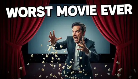 YouTube thumbnail, 16:9: critic with popcorn mid-throw at screen, red curtain background, disgusted face, huge bold text