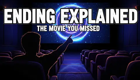 YouTube thumbnail, 16:9: silhouette in cinema pointing at glowing mysterious screen symbol, huge bold text "ENDING EXPLA