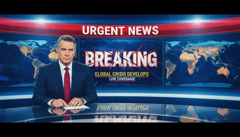 YouTube thumbnail, 16:9: urgent news desk with red banner, serious anchor, world map screens, huge bold text "BREAKING",