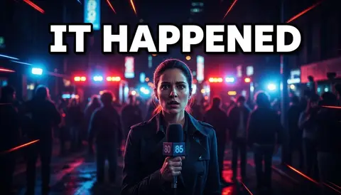 YouTube thumbnail, 16:9: reporter in field with mic, blurred crowd and flashing lights behind, huge bold text "IT HAPPEN