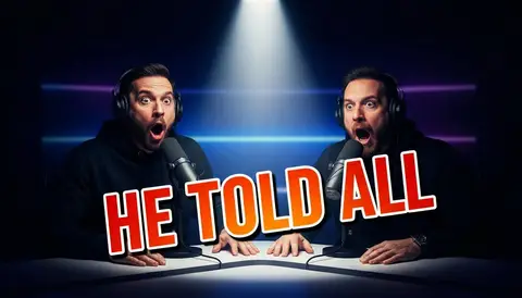YouTube thumbnail, 16:9: two men at podcast table with mics, dramatic spotlight, shocked expression, huge bold text "HE 