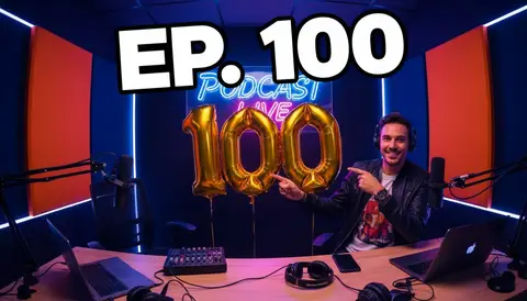 YouTube thumbnail, 16:9: podcast studio with neon sign, host pointing at golden 100 balloon, huge bold text "EP. 100", h
