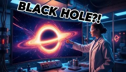 YouTube thumbnail, 16:9: scientist pointing at glowing black hole simulation on huge screen, lab background, huge bold t