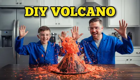 YouTube thumbnail, 16:9: kid and dad with erupting foam volcano on kitchen table, goggles, splash, huge bold text "DIY V
