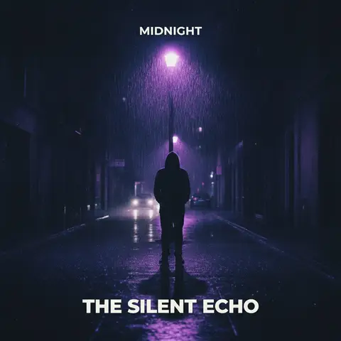 Square music single cover, 1:1: lone figure under purple streetlight in rain, moody cinematic grade, small clean title "