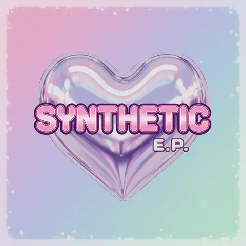 Square music EP cover, 1:1: chrome liquid metal heart on pastel gradient, y2k aesthetic, glossy type "SYNTHETIC", bold t