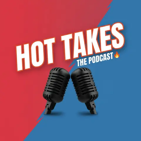 Square podcast cover art, 1:1: two mic silhouettes facing off on split red-blue background, bold title "HOT TAKES" in he