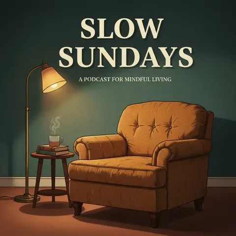 Square podcast cover art, 1:1: cozy armchair with warm lamp glow and coffee, serif title "SLOW SUNDAYS", muted earthy pa