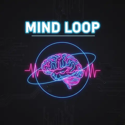 Square podcast cover art, 1:1: neon waveform brain illustration on dark background, title "MIND LOOP" in glowing type, b