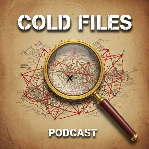 Square podcast cover art, 1:1: vintage paper texture with magnifying glass over red string map, title "COLD FILES" stenc