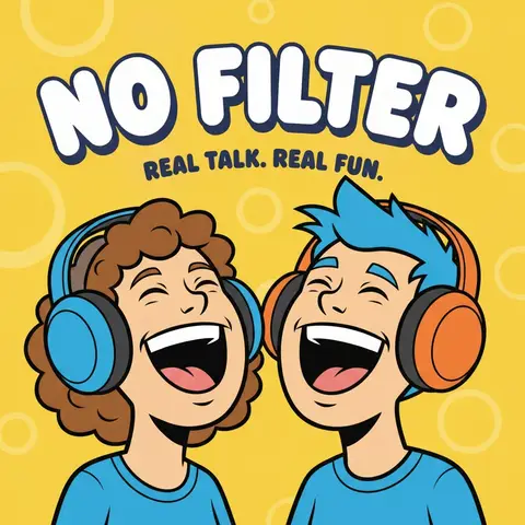 Square podcast cover art, 1:1: cartoon duo laughing with oversized headphones, bright yellow background, bubbly title "N