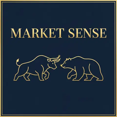 Square podcast cover art, 1:1: minimalist line-art bull and bear on navy, gold accents, title "MARKET SENSE" refined ser