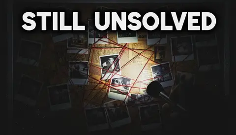 YouTube thumbnail, 16:9: moody detective board with red strings and polaroids, flashlight beam, VHS grain, huge bold tex