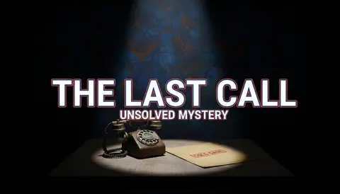 YouTube thumbnail, 16:9: old telephone on table in dark room, single spotlight, case file, huge bold text "THE LAST CALL