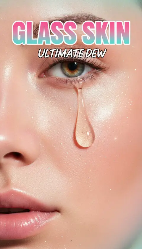 Vertical video cover, 9:16: dewy skin closeup with serum drop, clean pastel background, sparkle, huge bold text "GLASS S