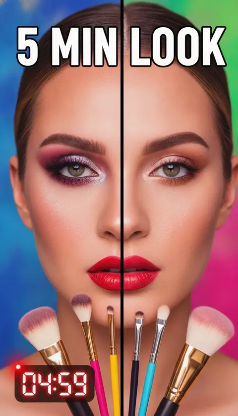 Vertical video cover, 9:16: half-done makeup face split, brushes fanned, timer graphic, huge bold text "5 MIN LOOK", hig