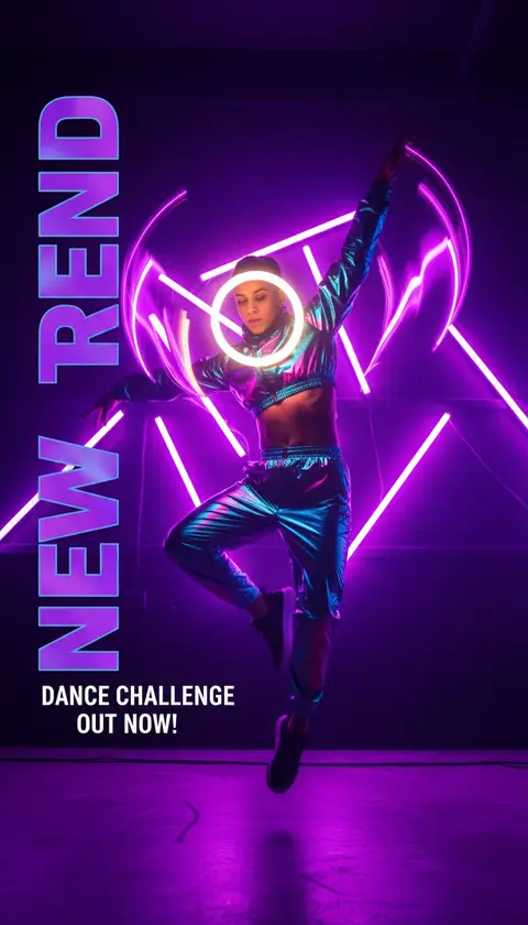 Vertical video cover, 9:16: dancer mid-move under purple neon, motion blur, ring light glow, huge bold text "NEW TREND",