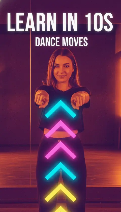 Vertical video cover, 9:16: girl pointing at floating dance-step arrows, studio mirror, huge bold text "LEARN IN 10S", h