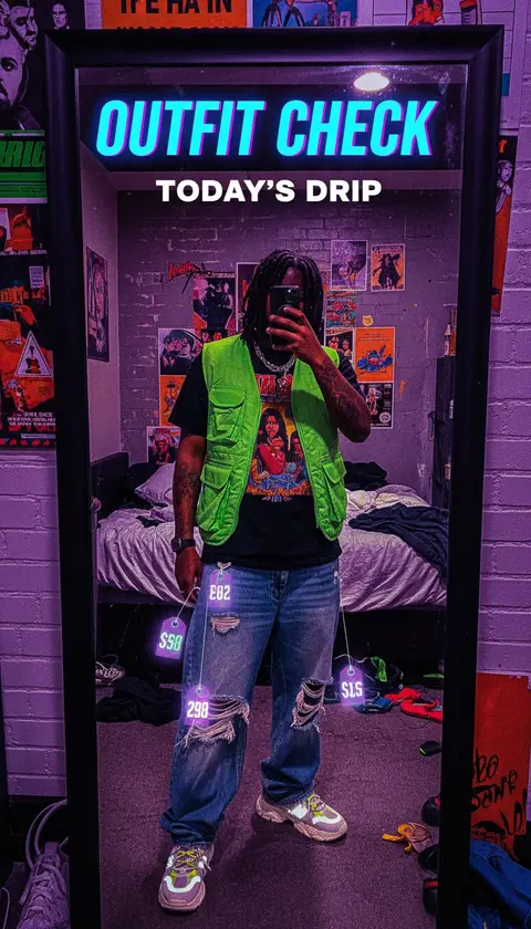Vertical video cover, 9:16: mirror fit-check pose with price tags floating, streetwear, flash photo style, huge bold tex