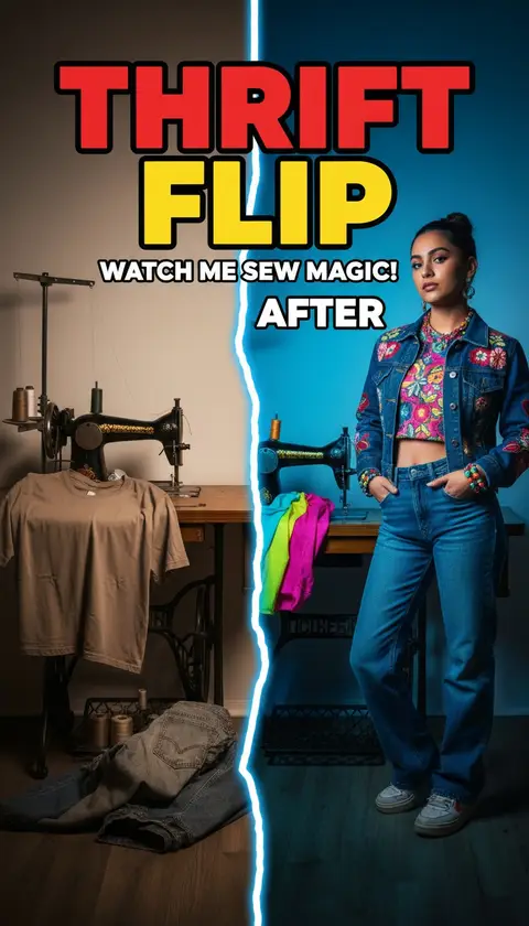 Vertical video cover, 9:16: before-after clothing transformation split, sewing machine, huge bold text "THRIFT FLIP", hi