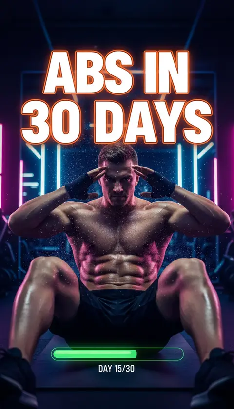Vertical video cover, 9:16: athlete mid-crunch with sweat particles, neon gym, progress bar graphic, huge bold text "ABS