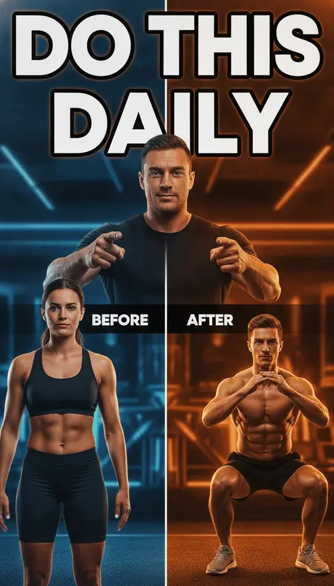 Vertical video cover, 9:16: trainer pointing at exercise demo, split before-after body, huge bold text "DO THIS DAILY", 