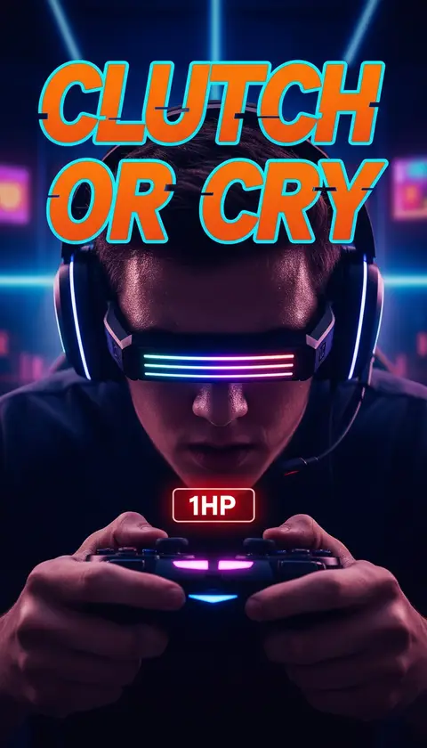 Vertical video cover, 9:16: vertical gamer closeup with RGB glow, controller grip, 1HP bar, huge bold text "CL