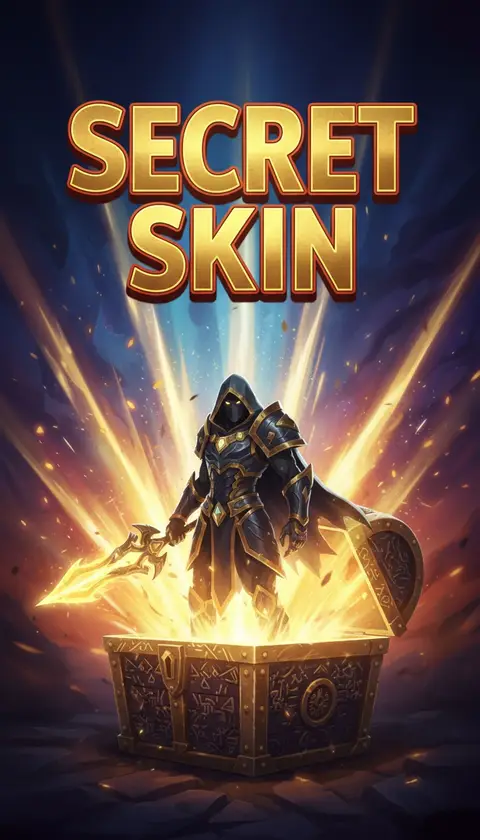 Vertical video cover, 9:16: character reveal with golden rays, locked chest opening, huge bold text "SECRET SK