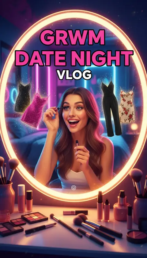 Vertical video cover, 9:16: girl at glowing vanity mirror mid-makeup, outfits floating beside, huge bold text "GRWM DATE