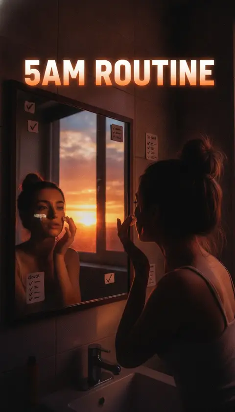 Vertical video cover, 9:16: morning skincare mirror shot, sunrise window, checklist stickers, huge bold text "5AM ROUTIN