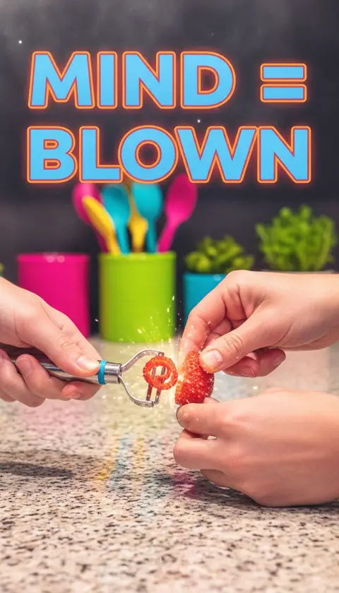 Vertical video cover, 9:16: hands demonstrating clever gadget hack on kitchen counter, sparkle effects, huge bold text "
