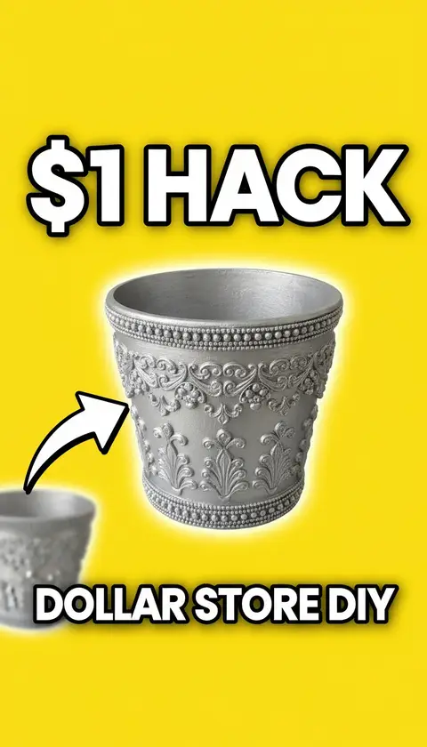 Vertical video cover, 9:16: dollar store item transformed with arrow, bright yellow background, huge bold text "$1 HACK"