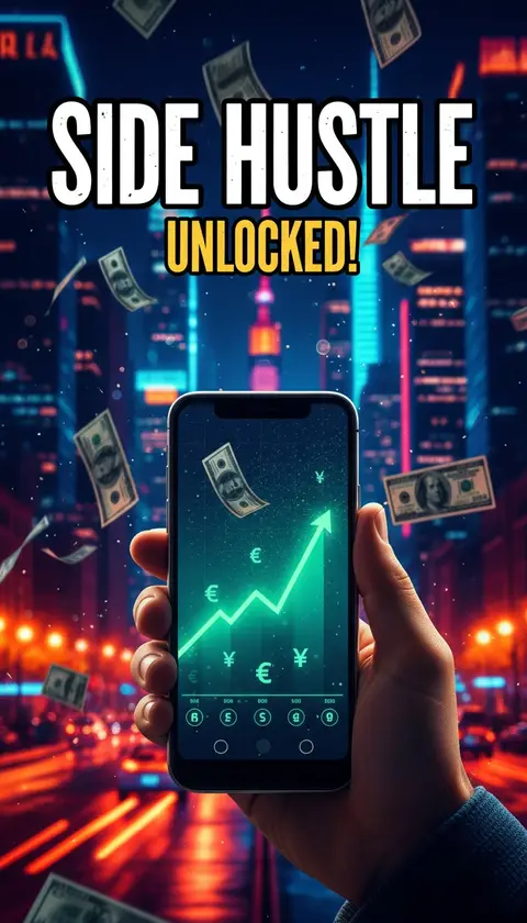 Vertical video cover, 9:16: phone showing earnings graph held up, cash rain, city night, huge bold text "SIDE HUSTLE", h